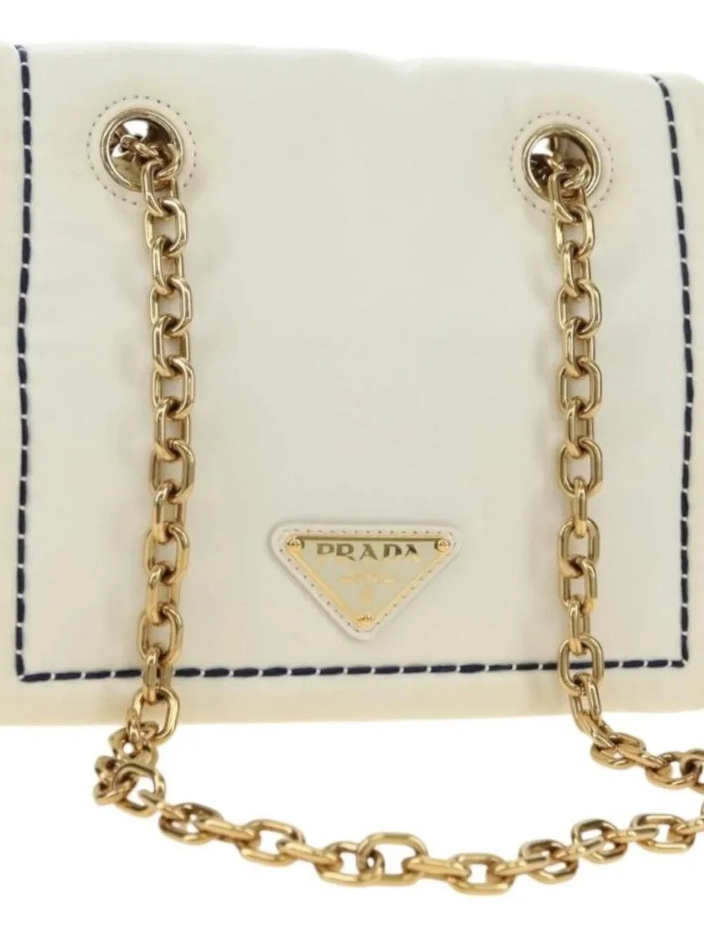 PRADA Chain Shoulder Bag Nylon White Gold Auth